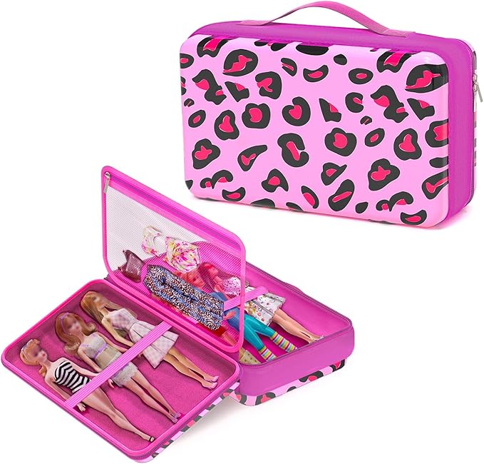 Stylish Travel Case for 12 Inch Fashion Dolls - Storage Solution with Pockets for Doll Accessories - Best for On-The-Go Travel (4-Leopard Print)