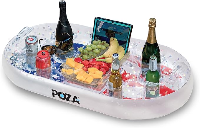 POZA Inflatable USA Pool Float - Luxurious Fun Lounger Filled with Sparkle Silver Stars Confetti, Cool USA Flag Design Water Swimming Pool Floaties for Beach, Lake & Pool