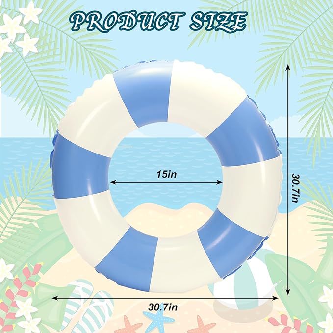 Whaline 4Pcs Inflatable Swimming Float Toy Striped Swim Ring Fun Print Pool Lounger Tube for Summer Swimming Beach Party