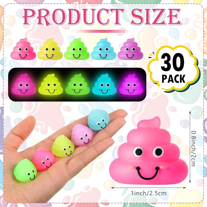 Leyndo 30 Pcs Luminous Small Poop Figures Bulk Glow in The Dark Fake Poop Toys for Prank Hide and Seek Goodie Bags Stuffers Party Favors Prizes Interactive Gag Gifts