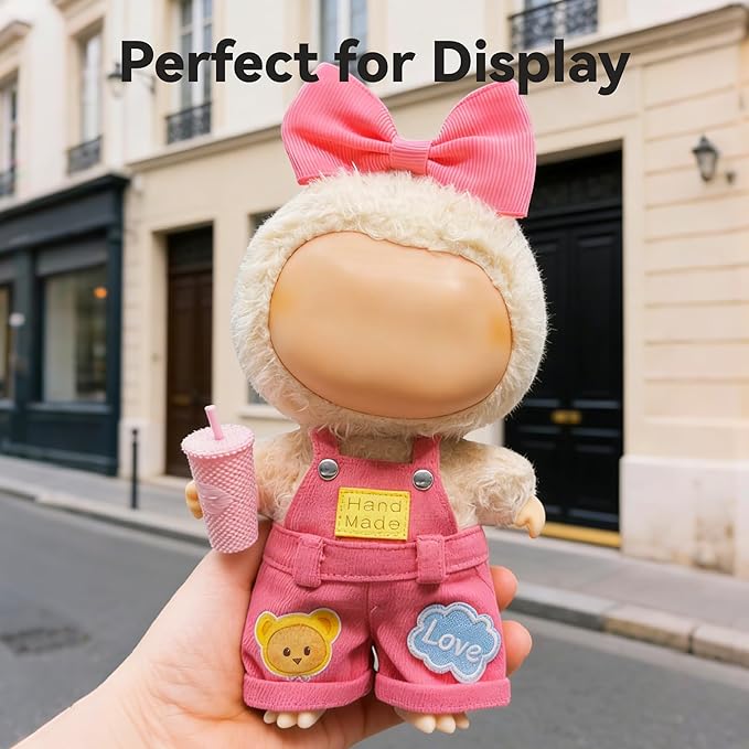 Sweet Casual Style for LABUBU Clothes or LABUBU Outfits– Cute Bow & Mini Coffee Cup Accessory, Sweet Casual Style Clothes for Collectible Dolls