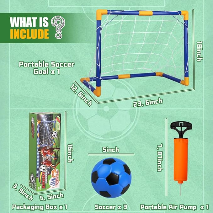 Soccer Goal Set 23" W×18" H×12" D, Portable Soccer Goal Training Equipment, Mini Soccer Net with 3 Soccer Ball for Sports Game, Soccer Set for Kids and Youth