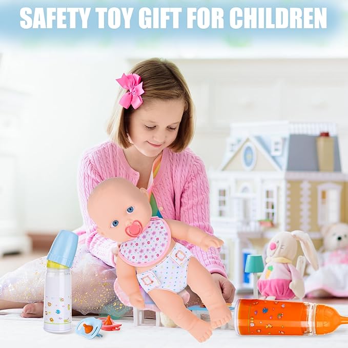 10 Pcs Baby Doll Accessories Set Pretend Feeding and Caring Play Toy Set with Magic Disappearing Milk and Juice Bottles, Pacifier, Bibs, Diapers Baby Doll Stuff for Kids Girls Birthday Party Gifts