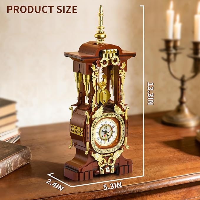 Retro Clock Building Set for Adults, Vintage Pendulum Model with Rotating Gears, Mechanical Building Blocks Toy, Gift for Boys and Girls 8+(879PCS)