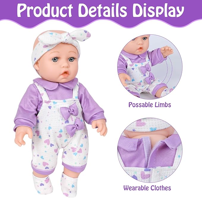 UZIDBTO 12" Baby Doll with Flower Pattern Backpack Carrier,12 Inch Realistic Baby Dolls with Clothes and Accessories Hanky Pacifier Bottle Diaper Toy Pretend Play Collection for 3+ Child Girls Gifts