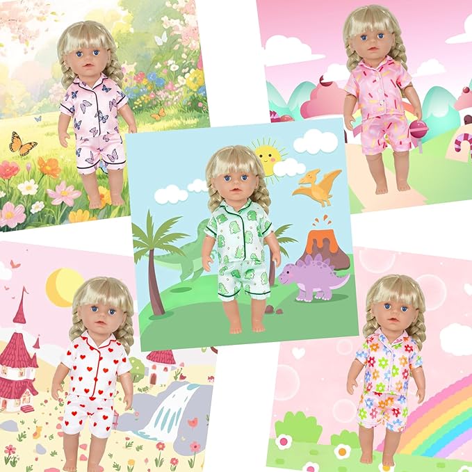 5 Set American 18" Doll Clothes, Silk Baby Girl Dolls Clothes for 12-18 inch Dolls, Cartoon Animal Outfits with Short Tops and Pants Baby Doll Accessories Girls Birthday Gift