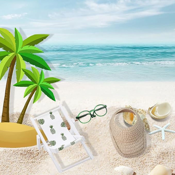 Doll Accessories Compatible with Labubu, 15cm/17cm Dollhouse Furniture,Mini Wooden Folding Beach Sunbath Chair with Sunglasses & Straw Hat,No Doll