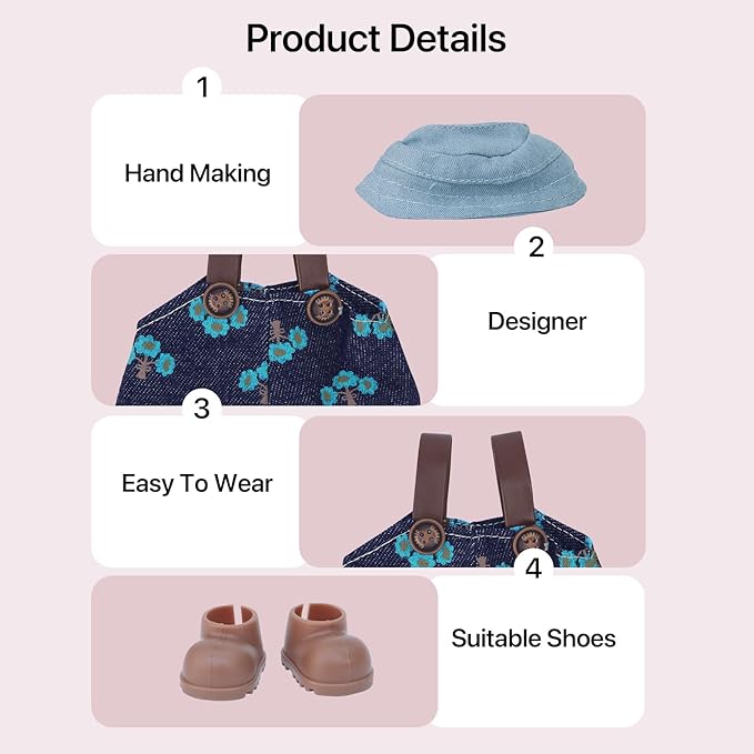 17cm Doll Clothes Sets(No Doll) Flower Jeans Outfits Handcrafted Designer Clothes Including Hat Overall and Shoes