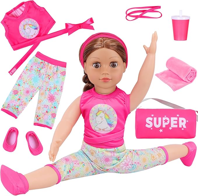 American 18 inch Doll 7-Piece Gymnastics Doll Yoga Outfit Set , Pink Pony Design with Accessories, Sports Bag and Headband (Dolls NOT Included)