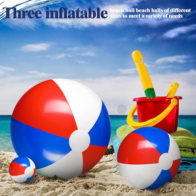 Sratte 20 Pcs Inflatable Beach Balls Bulk, Multiple Sizes Summer Swimming Pool Balls for Adults Hawaii Luau Party Supplies(Red, Blue, White,Classic)
