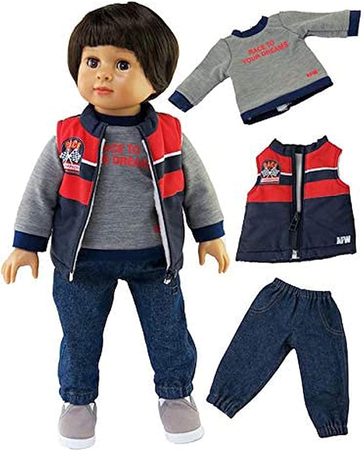 American Fashion World Boy’s 'Race to Your Dreams' 3 Piece Vest and Pants Set for 18-Inch Dolls | Premium Quality & Trendy Design | Dolls Clothes | Outfit Fashions for Dolls for Popular Brands