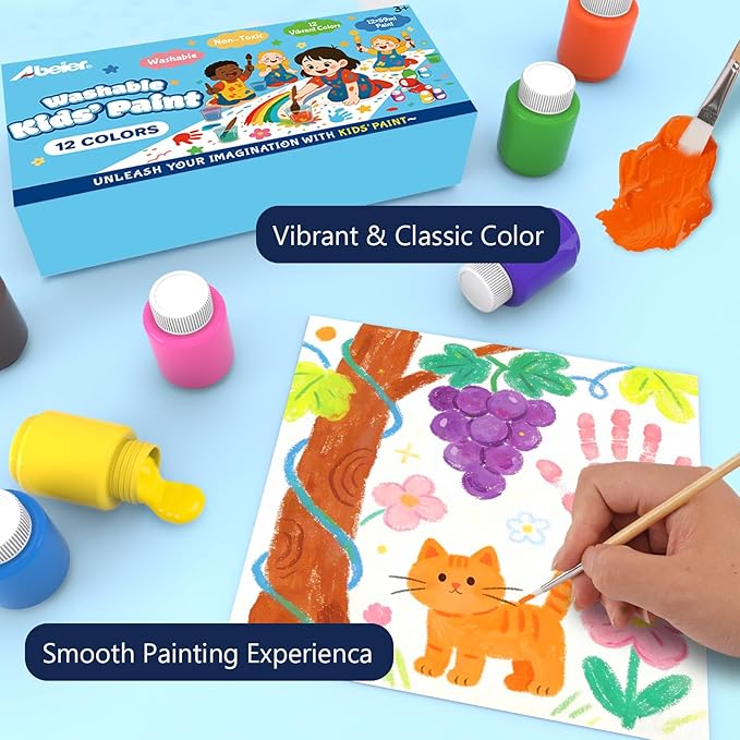 ABEIER Washable Kids Paint, Safe Non-Toxic Finger Paint, 12 Vibrant Colors(2 fl oz) with 3 Paint Brushes, Mess-Free Arts & Crafts Supplies for Toddlers & Grandkids, Ages 3, 4, 5