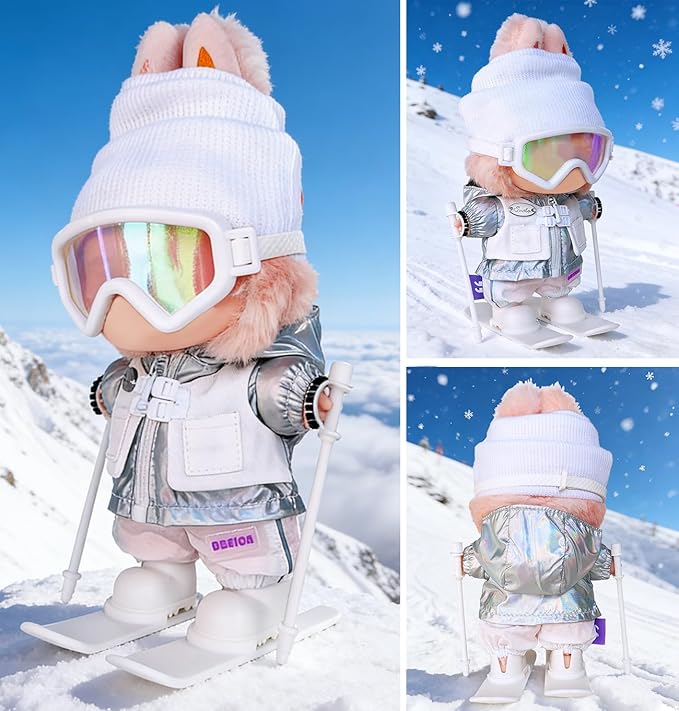 17cm Doll Clothes and Accessories Set for Lububu- Winter Snow Sports-Themed Ski Outfits with Mini Hat, Jacket, Pants, Poles, Goggles & Skiing, Designer Clothing for Big Into Energy Doll(White)