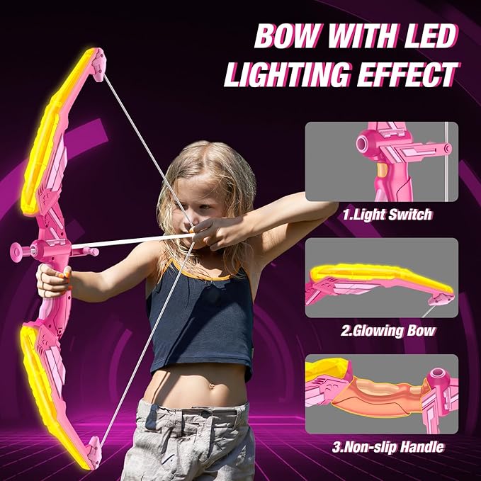 2 Pack Bow and Arrow for Kids, LED Light Up Archery Set with 24 Suction Cup Arrows, 2 Hanging Targets, 6 Score Targets & 2 Quiver, Indoor Outdoor Sport Toys for Girls Ages 4-12