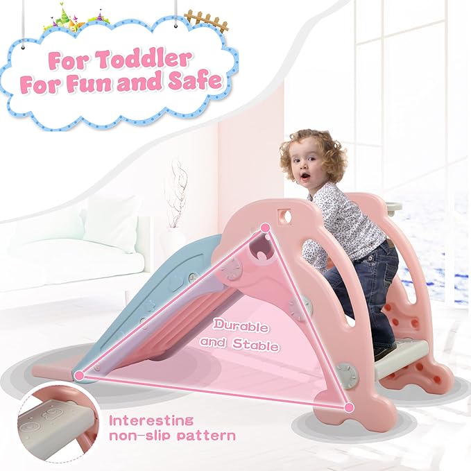 TOBBI Kids Slide for Indoor and Outdoor, Freestanding Slide for Toddler Playground Slipping Slide Climber Toy Playset with Basketball Hoop & Ball, Pink