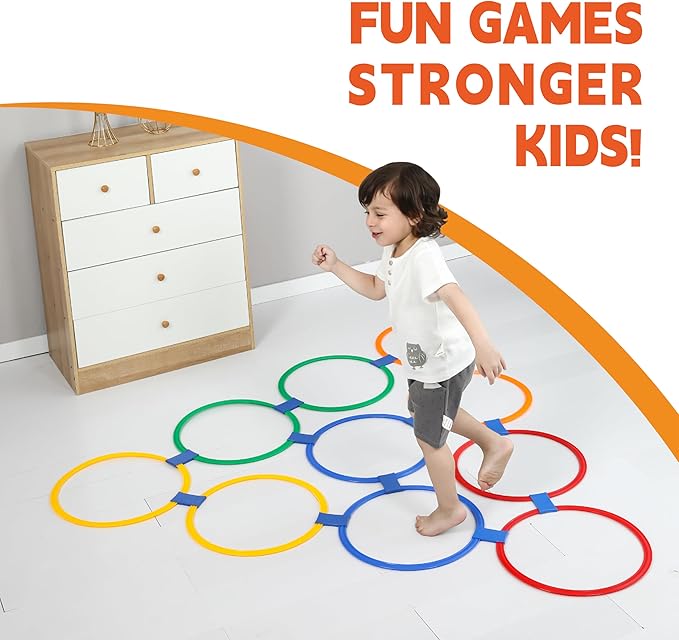Hopscotch Rings – Hoop + Square, 2-Set – (10 Round + 10 Square, 15-inch) + 30 Connectors, Agility Rings for Kids, Gross Motor Skills, Preschool & Kindergarten PE, Playground Obstacle Course