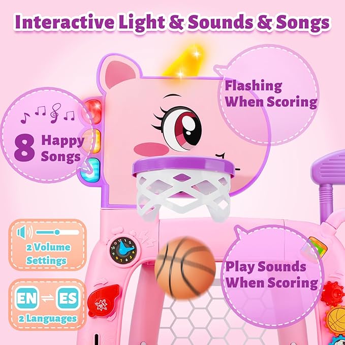 4 in 1 Toddler Basketball Hoop & Soccer Goal, Kids Sports Toy for 1 2 3 Years Old Girls Boys, Baby Toy with Sound & Light, Birthday Gift for 12-18 Months, Pink