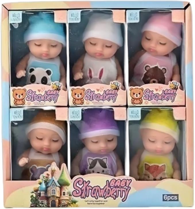 SwankyStyle 6 Pcs Mini Baby Dolls 4 Inch Gift Set, Cute Small Baby Doll Toys with Animal Clothes for Christmas Stockings, or Dollhouse Collections. (Style E)