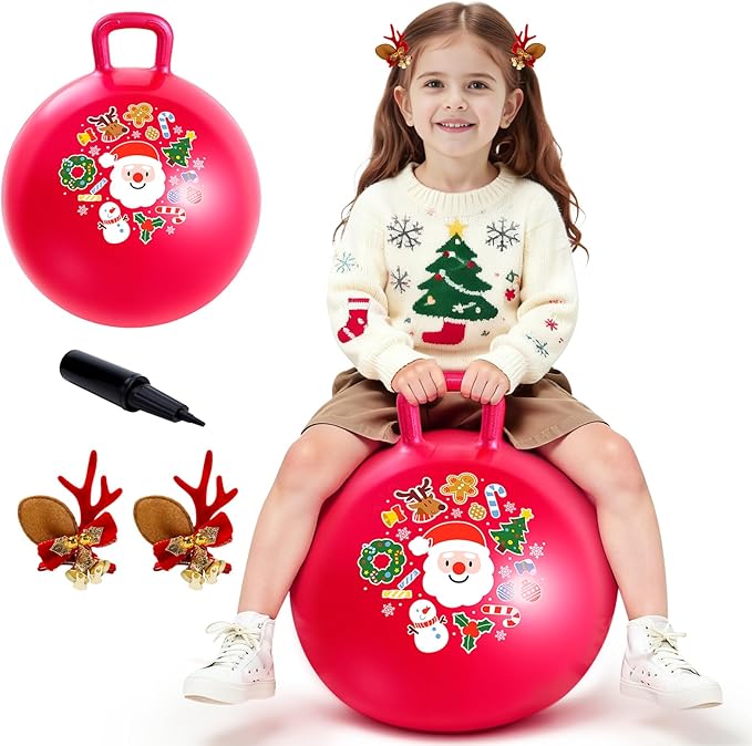 ZOOJOY Hopper Ball for Girls & Boys 3-8 with Free Hair Clips, Santa Claus Red 18in Bouncy Ball with Handle for Kids, Christmas Hopping Toys Indoor and Outdoor Play Includes Pump
