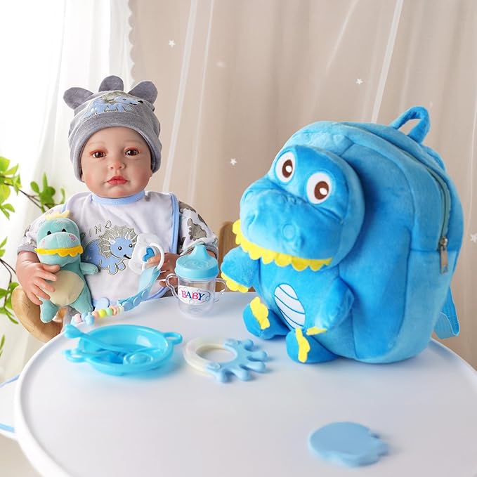 BABESIDE Baby Doll Accessories for 17-22 Inch Dolls – 18 Piecs Dinosaur Reborn Baby Doll Accessories Set with Baby Doll Clothes, Backpack, Feeding Set, Birthday Gift for Boys & Girls