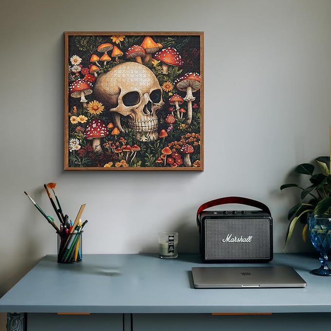 Vintage Mushroom 1000 Piece Puzzle for Adults, PICKFORU Horror Jigsaw Puzzles Skeleton Skull, Colorful Wildflower Puzzles for Adults, Terror Skull Puzzle as Mushroom Art