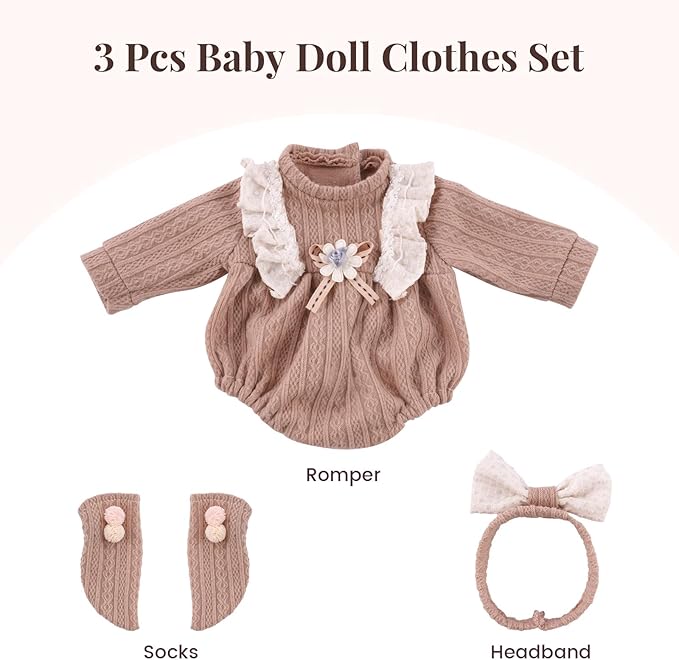 BABESIDE 3 Pcs Baby Doll Clothes Accessories Set for 12-16 Inch Babys Doll, Knitted Romper, Bow Headband and Socks, Baby Dolls Clothes and Accessories