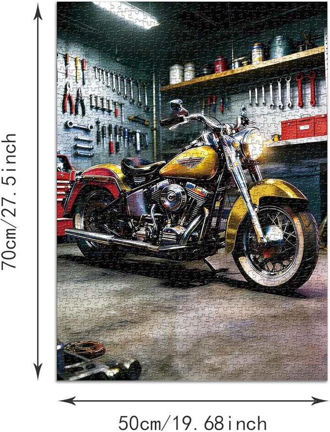 Puzzle for Adults 1000 Pieces,Golden Motorcycle in Garage JigsawPuzzle, Challening Impossible Difficult Hard Fun 1000 Pieces Jigsaw Puzzles for Adults