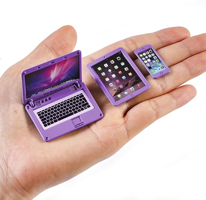 3 Pcs Dollhouse Furniture Accessories Laptop, 1:12 Scale 1:6 Simulation Miniature Phone Tablet Mini Stuff Things for Doll (Purple)