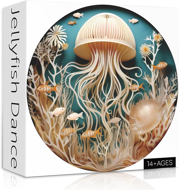 Ocean Jellyfish Puzzles for Adults 1000 Pieces, Impossible Deep Blue Sea Fish Jigsaw Puzzles, Round Jellyfish Paper Art Challenging Puzzle as Wall Decor