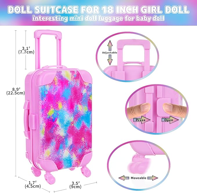 K.T. Fancy 18 Inch American Doll Clothes and Accessories, Doll Travel Suitcase Playset for Girls, Cute Travel Doll Clothes for 18 Inch Girl Doll(Not Include Doll & Shoes), Pink