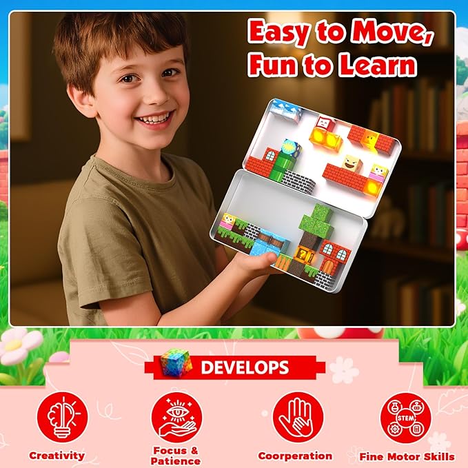Magnetic Blocks with Light Up Blocks - 45PCS Travel Magnetic Building Blocks for Toddler,STEM Educational Cubes Toys for Kids Ages 3 4 5 6 7 8 Year Old Boys Girls Christmas Birthday Gifts