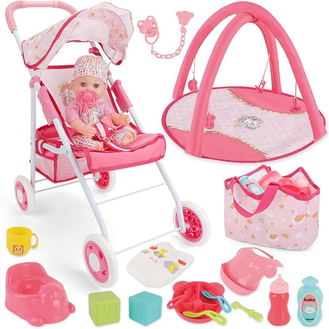 deAO Baby Doll Stroller Set with 12" Baby Dolls Nursery Playset 17 PCS Baby Doll Accessories with Play Mat,Storage Bag,Baby Stroller Toys for Girls Toddlers 3+ Pretend Play Gifts