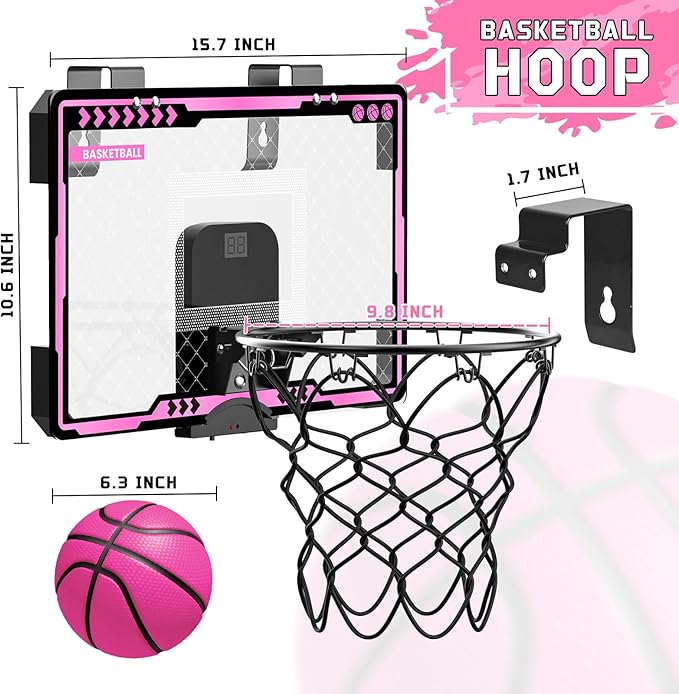 Basketball Hoop Indoor Kids Girls Pink - Mini Over The Door Basketball Hoops with Electronic Scoreboard Toys & 3 Balls, Unicorn Birthday Gifts Age 5 6 7 8 9 10 11 12 Year Old Girls