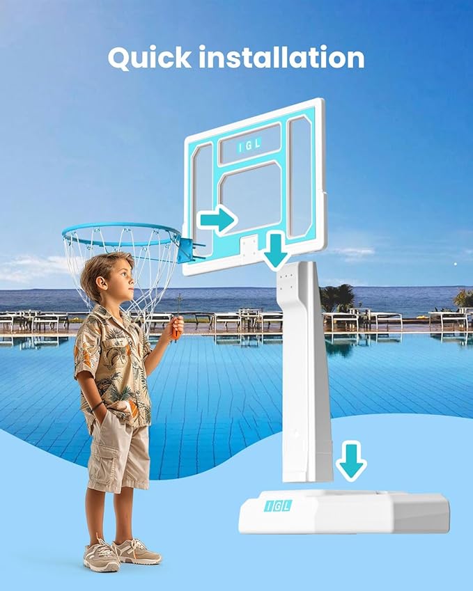 IGL Pool Basketball Hoop Outdoor, Outdoor Poolside Basketball Hoop, Base & Stand Double Water Storage with 2 Ball & Inflator, Stainless Steel Basketball Rim, Fixed Height