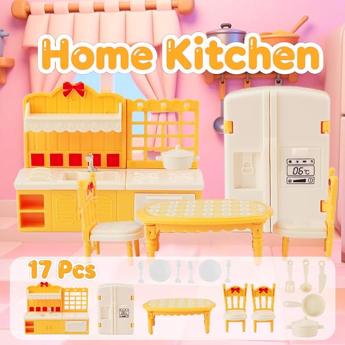 46Pcs Dollhouse Furniture Accessories Set Mini House Furniture Small Dollhouse Miniature Furniture Pretend Play House 1:12 Kitchen Bedroom Livingroom Bathroom Tiny Toy Boy Girl Kid Toddler (C Set)