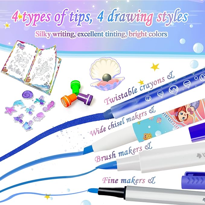 weirtoya 56 PCS Washable Scented Markers Set with Glitter Pencil Case, Mermaid Unicorn Arts and Crafts for kids 4-6-8 Kids Coloring Drawing Kits for 4-8 Years Old Girls Birthday Gifts (Mermaid, 56)
