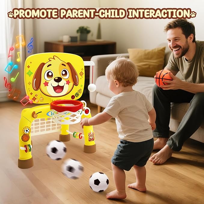 Toys for 1 Year Old Boy - Toddler Basketball Hoop & Soccer Goal & Baseball Activity Center with Light Sound Music, Puppy Montessori Sports Toy, Christmas Birthday Gift for Baby 12-18 Months, Yellow