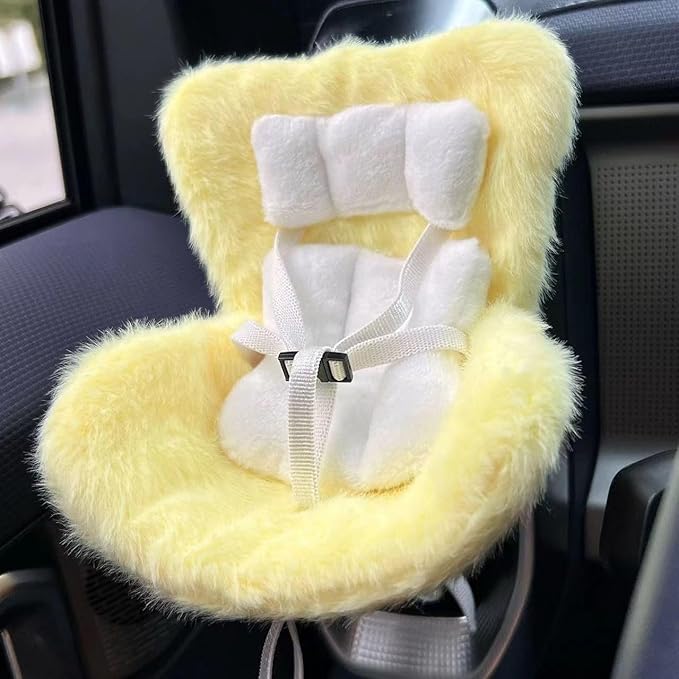 Doll Car Seat for 3–8 inch Figures, Fits Character Plushes, Blind Box Dolls & Vinyl Collectibles, Includes Air Vent Clip & Desktop Stand, Cute Car Ornament for Collectors (Yelllow)