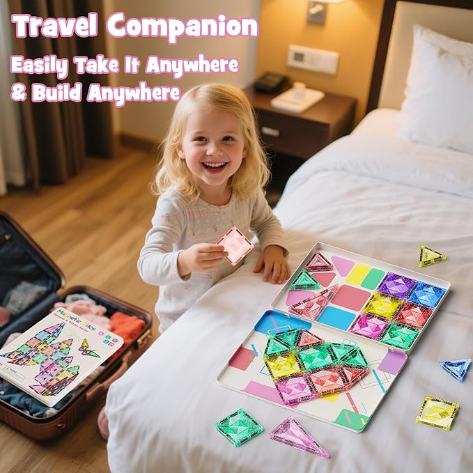 Large Pastel Magnetic Tiles - 48 Pcs Macaron-Colored Glitter Magnetic Blocks with Travel Metal Storage Box - Diamond STEM Toys for Girls Ages 3-8 - Portable Sensory Building Set for Kids