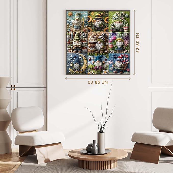 PICKFORU Funny Gnome Puzzles for Adults 1000 Pieces,Cute Gnome Puzzle Features Flower Sunflower Cactus Succulents Book Beach, Colorful Collage Challenge Jigsaw Puzzle Wool Felt Style