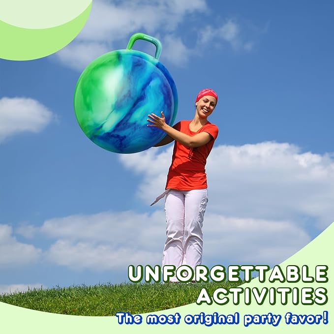 Lewtemi Hopper Ball for Adults, 29 Inch Bouncing Hippity Ball with Handle Rubber Hop, Jumping Hopping Exercise with Air Pump for Outdoors Sports Games Exercise (Blue Green Cloud)