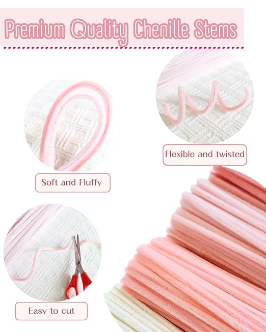 YYUENGTAK 350 Pcs Pink Pipe Cleaners Flower kit with tutoria,Fluffy Yarn,Green Floral Wires,Gardening Tape,Stamen(2 Colors)，Pipe Cleaners Craft,Chenille Stems for DIY Art Projects Creative Gift Decor