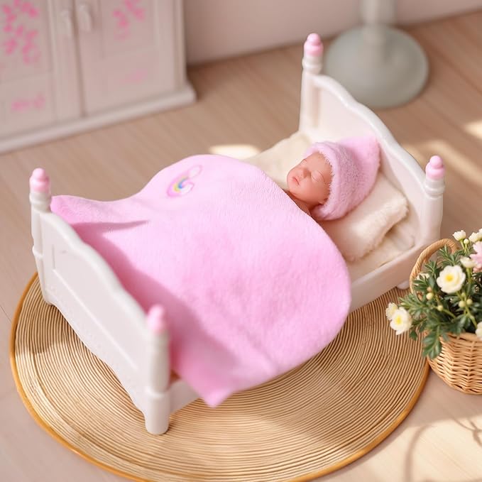 BABESIDE Mini Silicone Baby Dolls, 3 Inch Realistic Newborn Baby Dolls Full Silicone Sleeping Little Mini Real Life Baby Girl Miniature Baby with Playset Accessories(Pink)