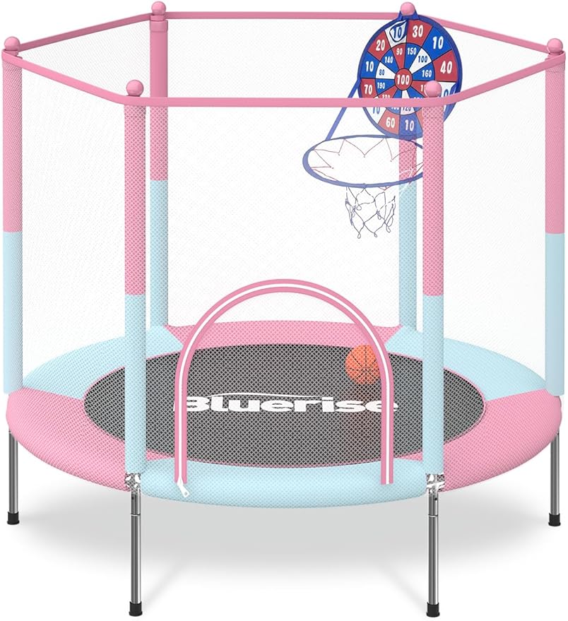 BLUERISE 55IN 6FT Toddler Trampoline for Kids Indoor Outdoor Play for Kids Trampoline Basketball Hoop Attachment with Enclosure Net Easy to Assemble