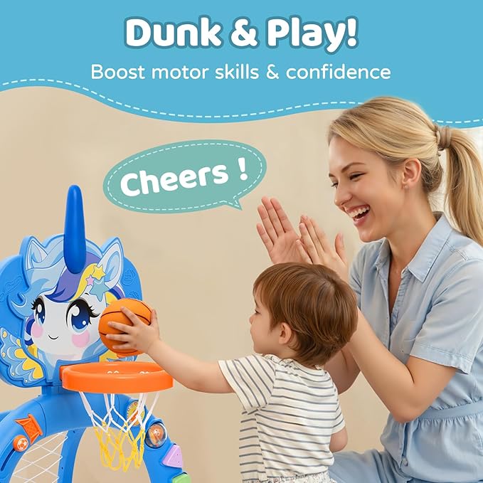 Basketball Hoop & Soccer Goal for Toddlers – 3-in-1 Sports Play Set with Ring Toss | Indoor Outdoor Activity Toy for 1 2 3 Year Old Boys | Birthday for Active Play (Blue)