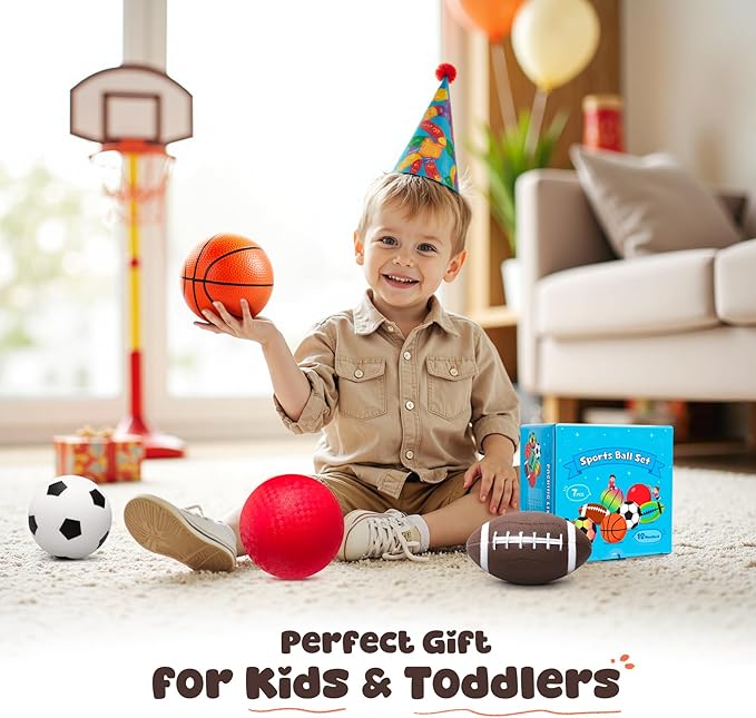 EVERICH TOY Balls for Toddlers 1-3, 4 Pcs 5" Playground Balls for Kids, Soft Rubber Small Sports Ball Set with Football, Basketball, Soccer, Indoor Outdoor Toddler Toys Games Gifts for Boys Girls