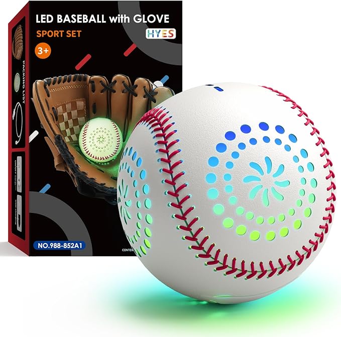 Kids Baseball Glove with Light Up Baseball/LED Rechargeable, 9 Lighting Modes Official Size Leather Weighted Glow Baseballs for Day Night, Sport Toys Games for Youth Boys