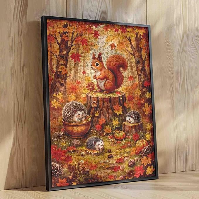 Autumn Fallen Leaves Jigsaw Puzzles 1000 Pieces Squirrels Hedgehog Animals for Adults Thanksgiving Puzzles Gifts for Friends and Family Stress Relief Toys Wall Art Decor Gift 19.7 x 27.6 in