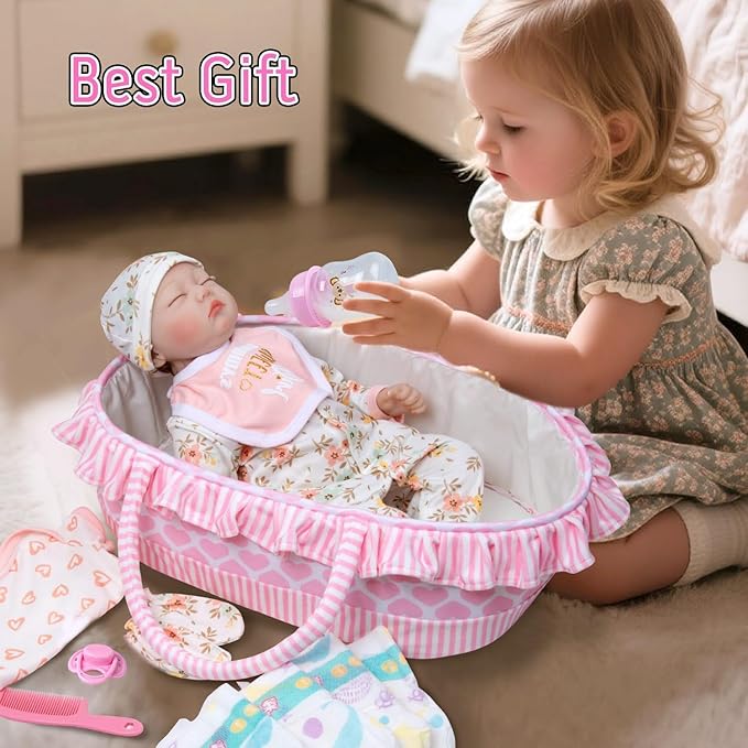 13 Pcs Reborn Baby Doll Clothes with Bassinet Pacifier Diaper fit 17-22 inch Reborn Dolls Cute Pink Baby Doll Clothes Accessories Set