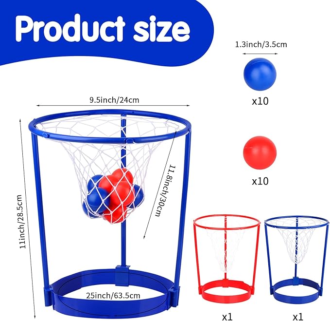 2 Pack Head Hoop Basketball Party Game for Kids and Adults Carnival Game Adjustable Basket Net Headband with 20 Balls for Carnival Party Birthday Party Family Indoor Outdoor Game (Red + Blue)